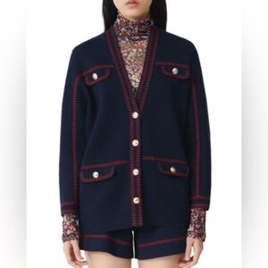 Maje Navy Cardigan with Red Trim